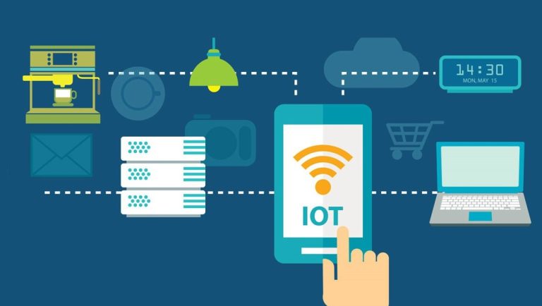 Ilustración de dispositivos conectados mediante tecnología IoT para la gestión inteligente de datos y automatización en plataformas digitales.