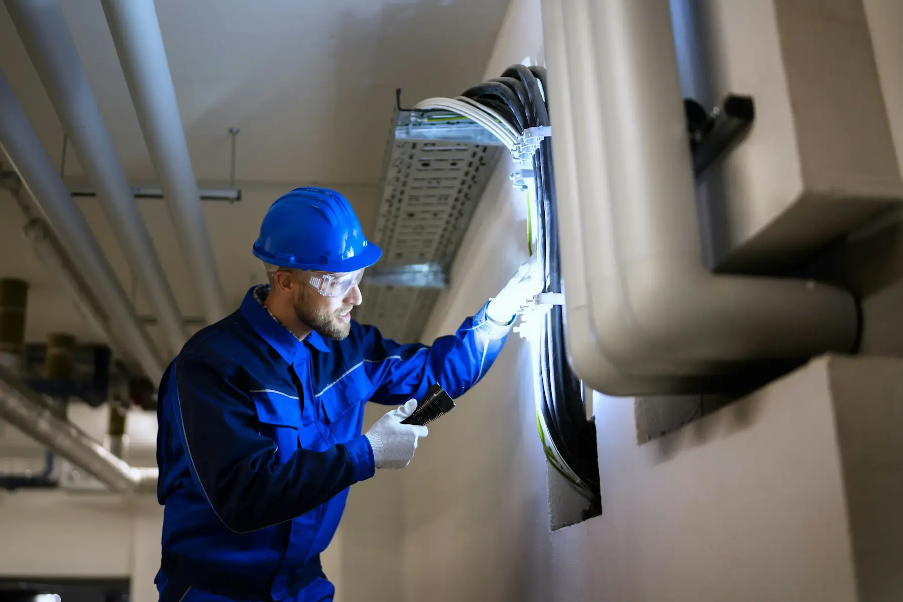 Técnico de mantenimiento inspeccionando las instalaciones y sistemas de control de un edificio