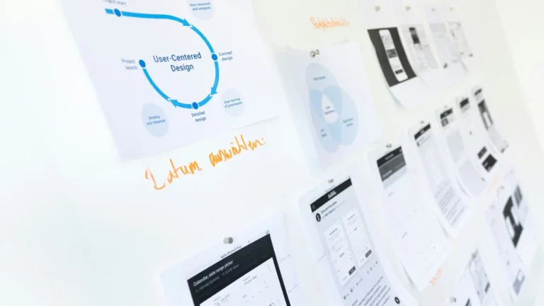 Panel with interface design diagrams and sketches.